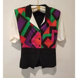 Cascais Of California Women Button Down Shirt Top Shoulder Pads Colorblock Multi